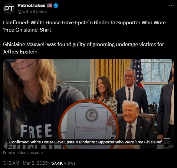 Confirmed: White House Gave Epstein Binder to Supporter Who Wore 'Free Ghislaine' Shirt