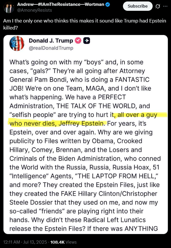 Am I the only one who thinks this makes it sound like Trump had Epstein killed?