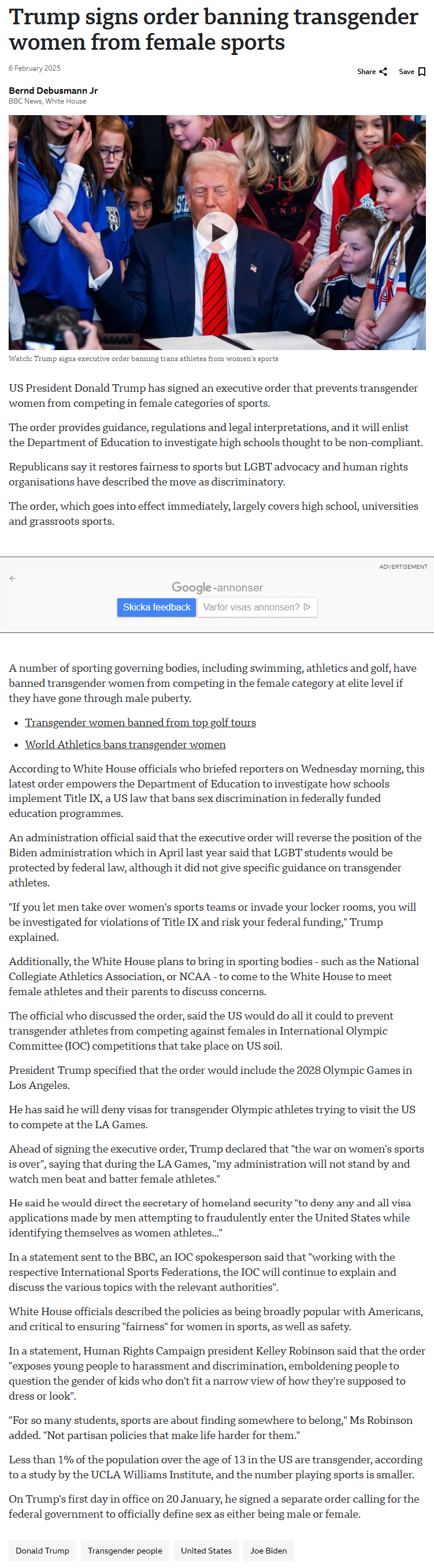 Donald Trump signs executive order banning transgender athletes from women's sports