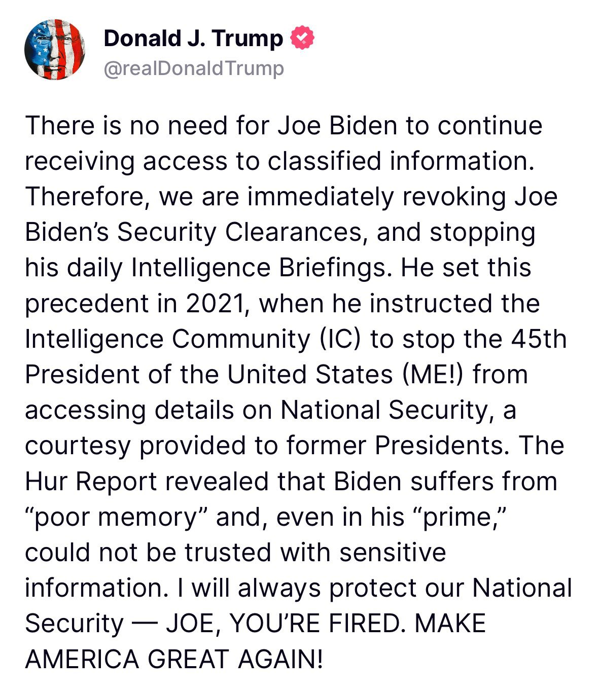 Trump, who kept classified documents in his bathroom, says Biden can't be trusted with sensitive information.